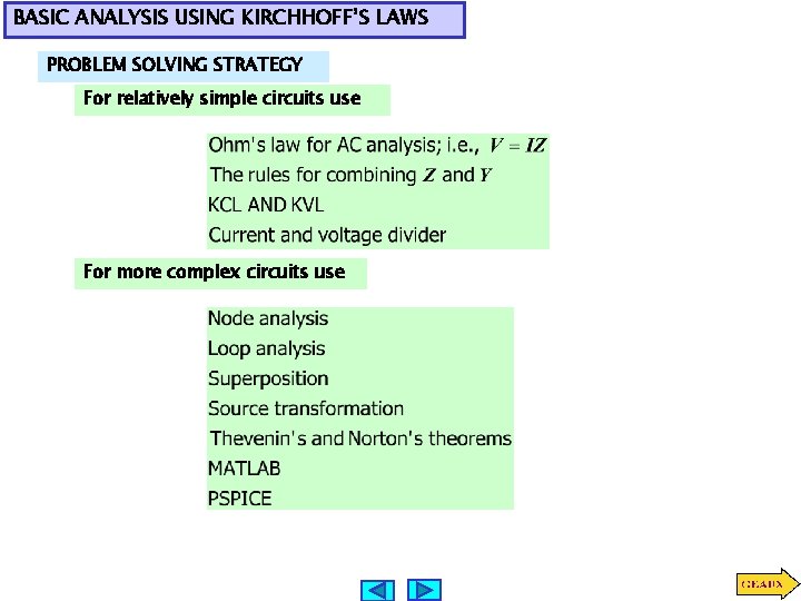 BASIC ANALYSIS USING KIRCHHOFF’S LAWS PROBLEM SOLVING STRATEGY For relatively simple circuits use For BASIC ANALYSIS USING KIRCHHOFF’S LAWS PROBLEM SOLVING STRATEGY For relatively simple circuits use For