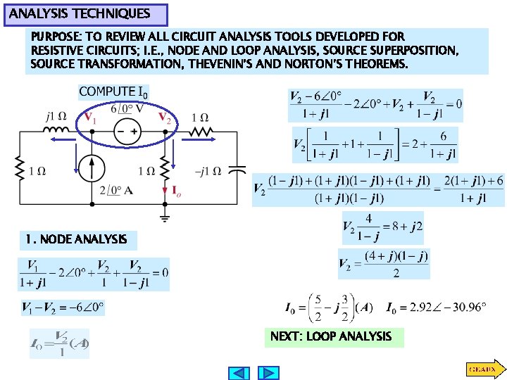 ANALYSIS TECHNIQUES PURPOSE: TO REVIEW ALL CIRCUIT ANALYSIS TOOLS DEVELOPED FOR RESISTIVE CIRCUITS; I. ANALYSIS TECHNIQUES PURPOSE: TO REVIEW ALL CIRCUIT ANALYSIS TOOLS DEVELOPED FOR RESISTIVE CIRCUITS; I.
