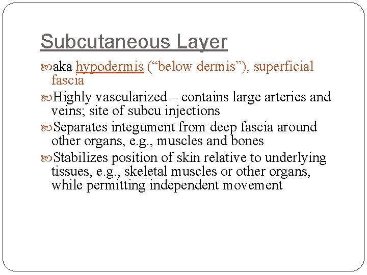 Subcutaneous Layer aka hypodermis (“below dermis”), superficial fascia Highly vascularized – contains large arteries