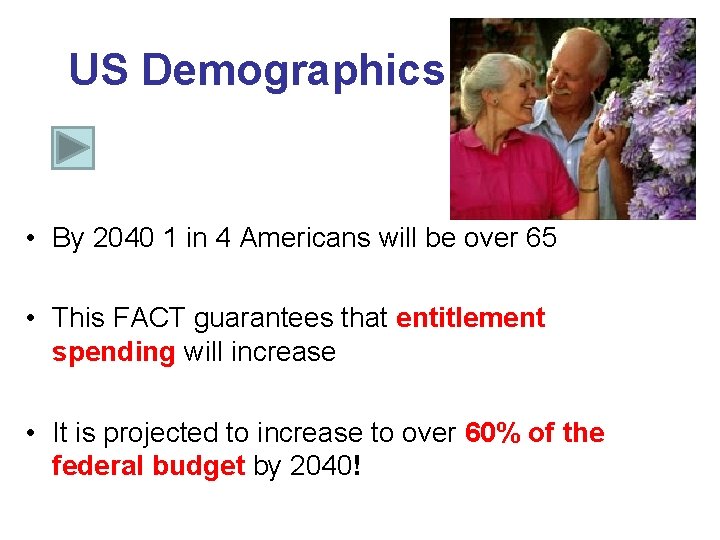 US Demographics • By 2040 1 in 4 Americans will be over 65 •