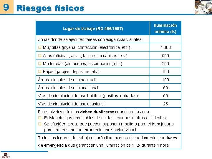 9 Riesgos físicos Lugar de trabajo (RD 486/1997) Iluminación mínima (lx) Zonas donde se