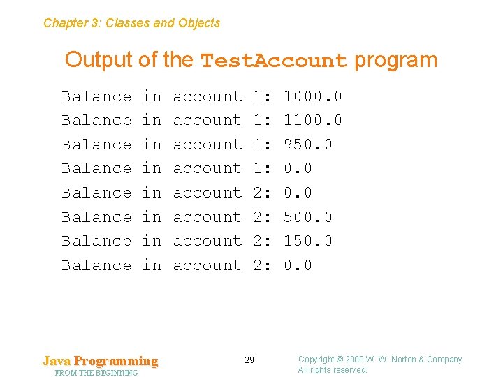 Chapter 3: Classes and Objects Output of the Test. Account program Balance Balance in
