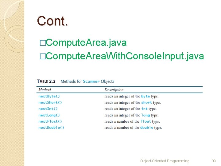 Cont. �Compute. Area. java �Compute. Area. With. Console. Input. java Object Oriented Programming 39