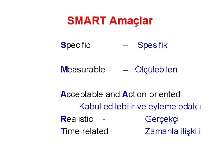 SMART Amaçlar Specific – Spesifik Measurable – Ölçülebilen Acceptable and Action-oriented Kabul edilebilir ve