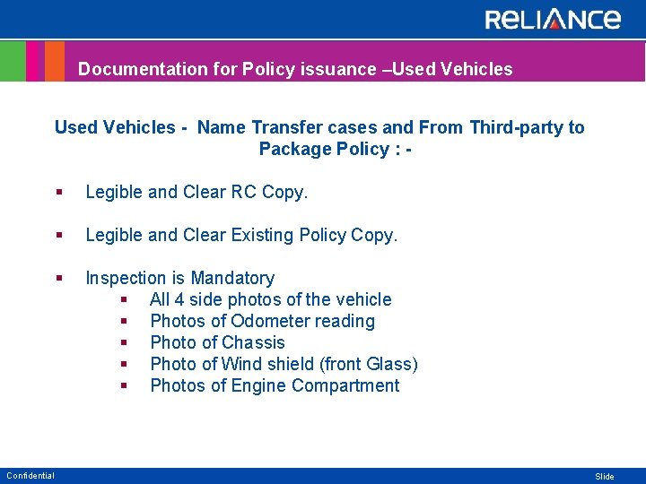 Documentation for Policy issuance –Used Vehicles - Name Transfer cases and From Third-party to