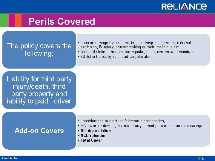 Perils Covered The policy covers the following: • Loss or damage by accident, fire,