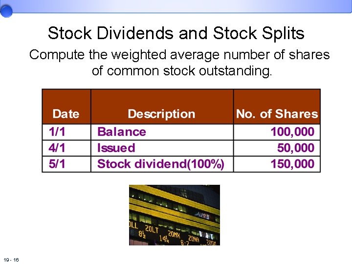 Stock Dividends and Stock Splits Compute the weighted average number of shares of common