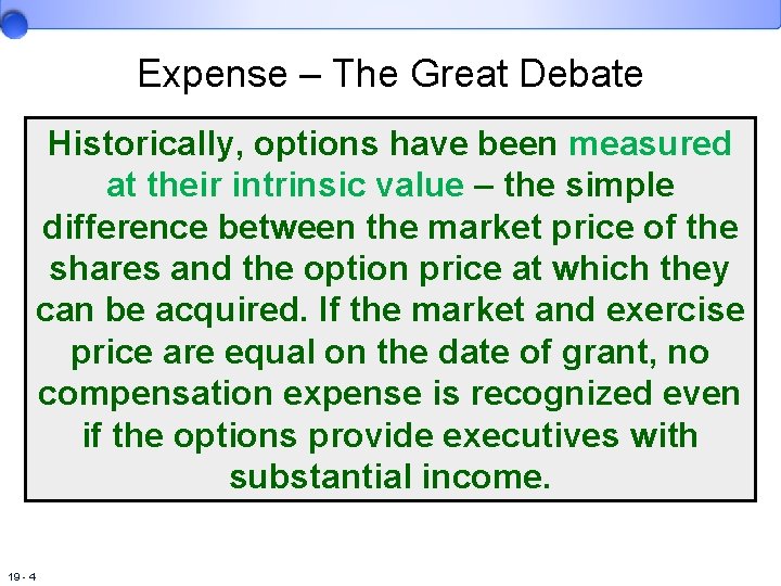 Expense – The Great Debate Historically, options have been measured at their intrinsic value