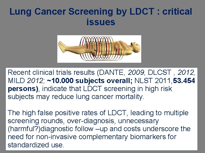 Lung Cancer Screening by LDCT : critical issues Recent clinical trials results (DANTE, 2009,