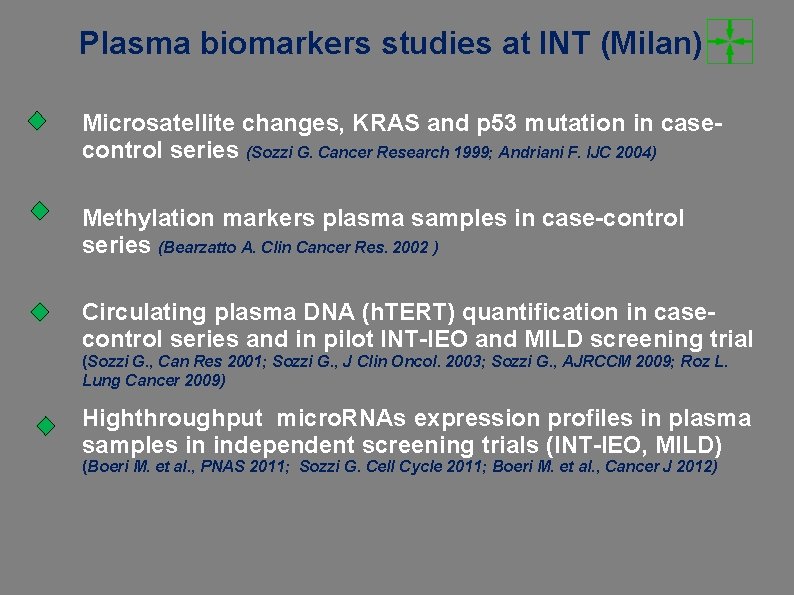 Plasma biomarkers studies at INT (Milan) Microsatellite changes, KRAS and p 53 mutation in