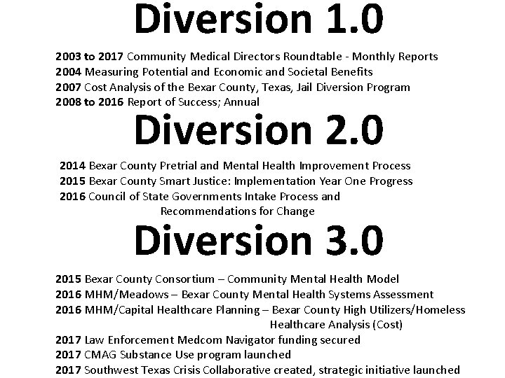 Diversion 1. 0 2003 to 2017 Community Medical Directors Roundtable - Monthly Reports 2004