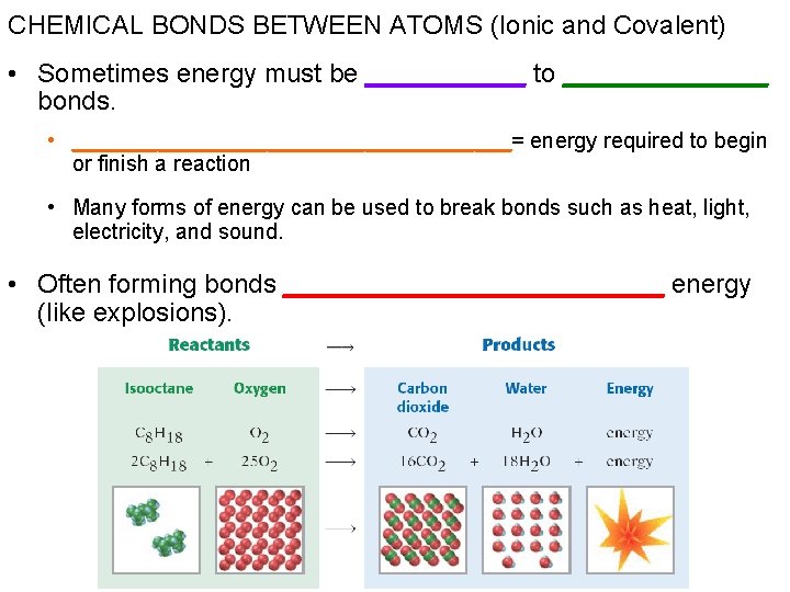 CHEMICAL BONDS BETWEEN ATOMS (Ionic and Covalent) • Sometimes energy must be ______ to