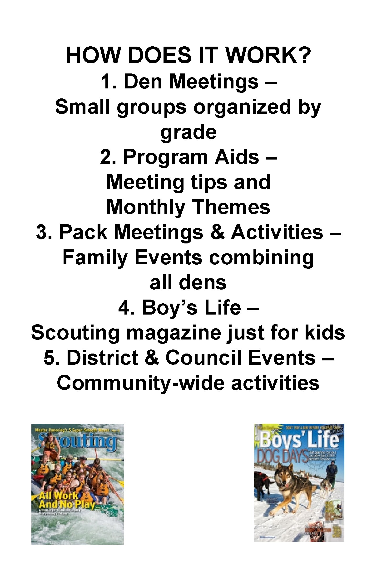 HOW DOES IT WORK? 1. Den Meetings – Small groups organized by grade 2.