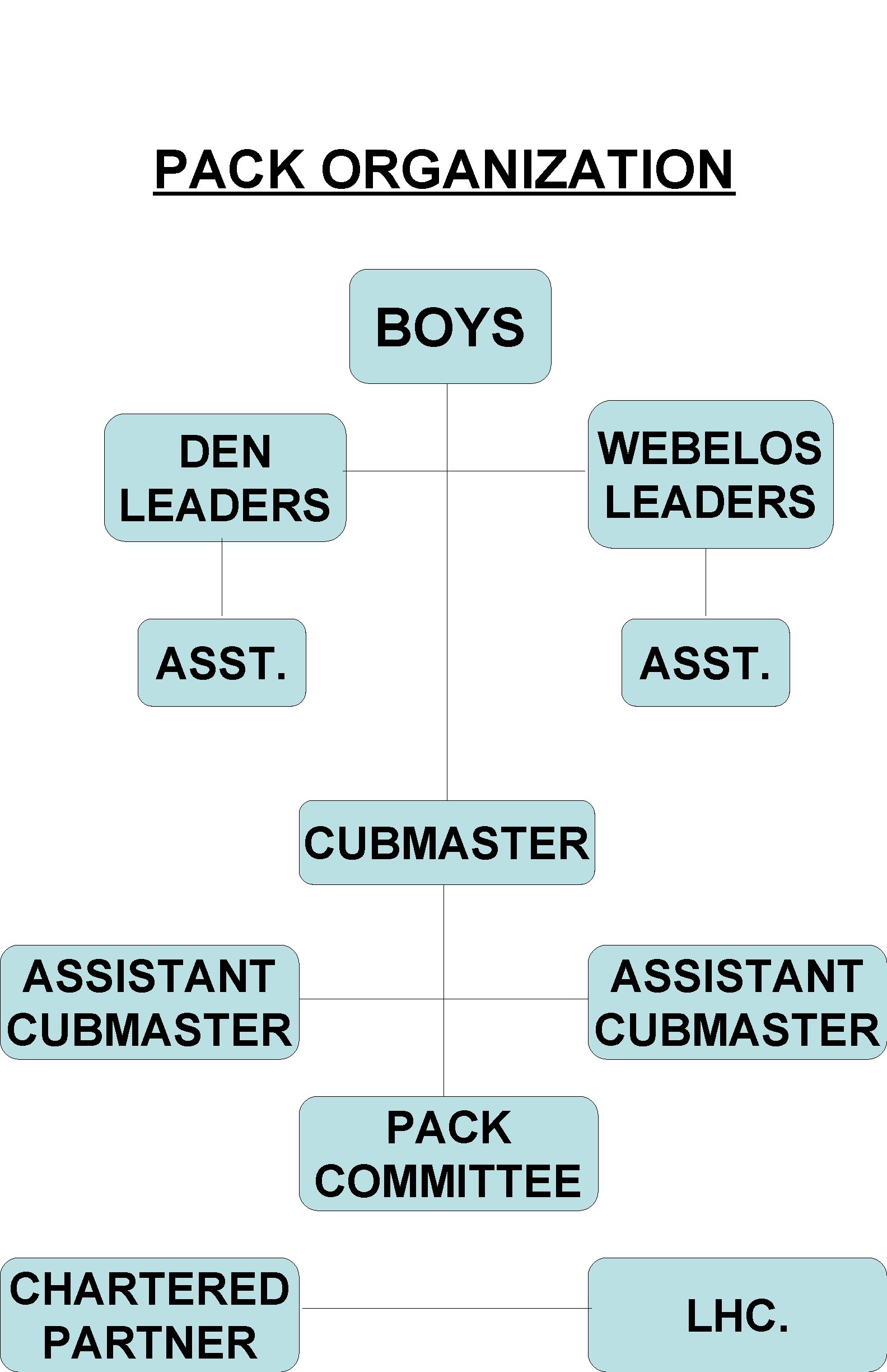 PACK ORGANIZATION BOYS DEN LEADERS WEBELOS LEADERS ASST. CUBMASTER ASSISTANT CUBMASTER PACK COMMITTEE CHARTERED