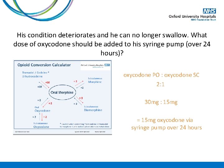 His condition deteriorates and he can no longer swallow. What dose of oxycodone should