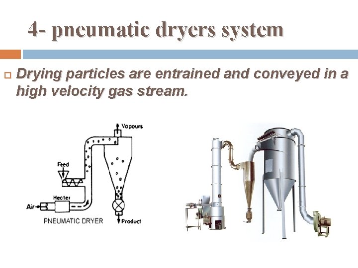 4 - pneumatic dryers system Drying particles are entrained and conveyed in a high