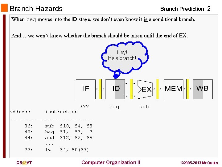 Branch Hazards Branch Prediction 2 When beq moves into the ID stage, we don’t