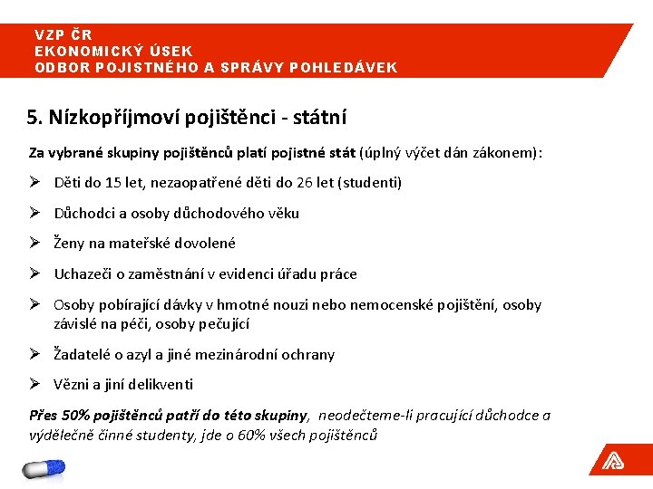 VZP ČR EKONOMICKÝ ÚSEK ODBOR POJISTNÉHO A SPRÁVY POHLEDÁVEK 5. Nízkopříjmoví pojištěnci - státní VZP ČR EKONOMICKÝ ÚSEK ODBOR POJISTNÉHO A SPRÁVY POHLEDÁVEK 5. Nízkopříjmoví pojištěnci - státní