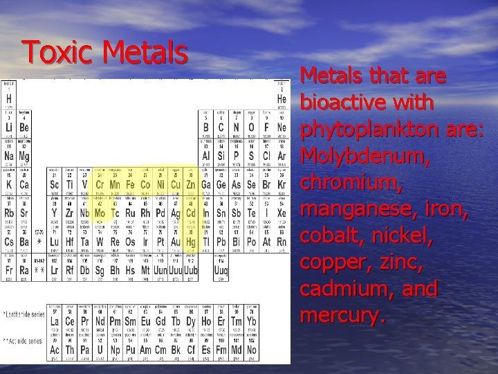 Toxic Metals that are bioactive with phytoplankton are: Molybdenum, chromium, manganese, iron, cobalt, nickel,