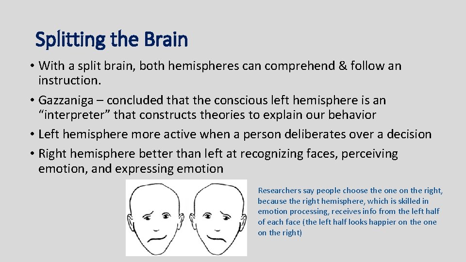 Splitting the Brain • With a split brain, both hemispheres can comprehend & follow