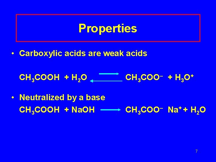 Properties • Carboxylic acids are weak acids CH 3 COOH + H 2 O