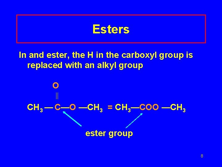 Esters In and ester, the H in the carboxyl group is replaced with an