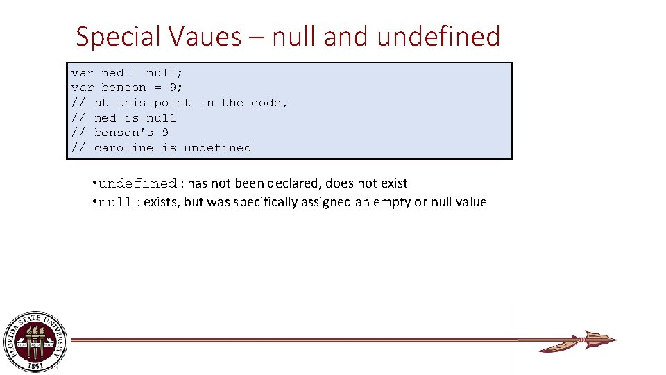 Special Vaues – null and undefined var ned = null; var benson = 9;