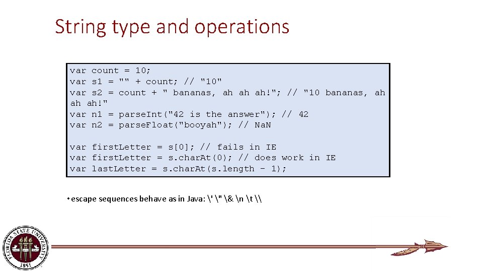 String type and operations var count = 10; var s 1 = "" +