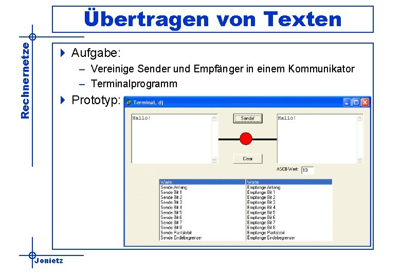 Rechnernetze Übertragen von Texten 4 Aufgabe: – Vereinige Sender und Empfänger in einem Kommunikator