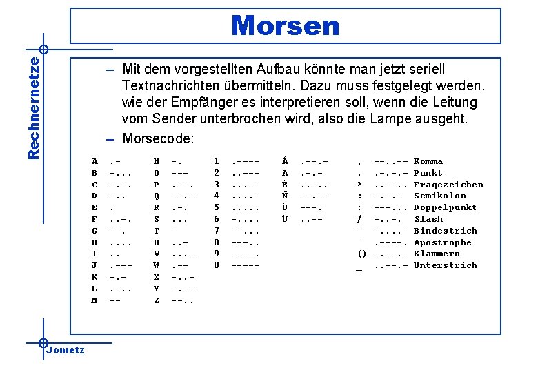 Rechnernetze Morsen – Mit dem vorgestellten Aufbau könnte man jetzt seriell Textnachrichten übermitteln. Dazu