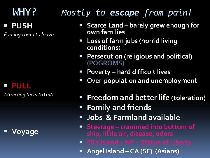 WHY? PUSH Forcing them to leave PULL Attracting them to USA Voyage Mostly to