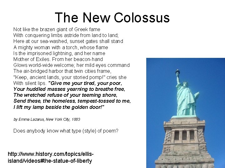 The New Colossus Not like the brazen giant of Greek fame With conquering limbs