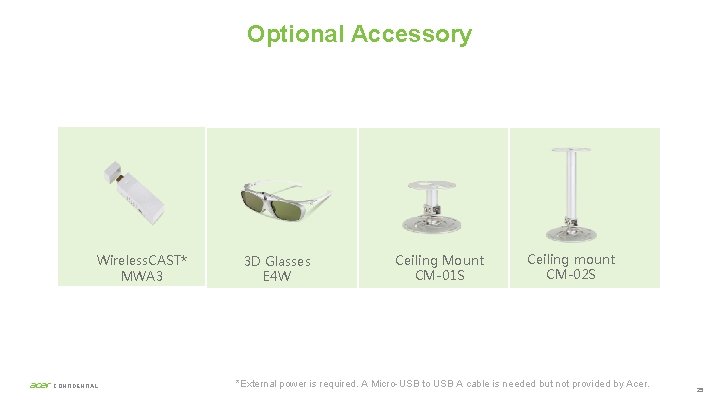 Optional Accessory Wireless. CAST* MWA 3 CONFIDENTIAL 3 D Glasses E 4 W Ceiling