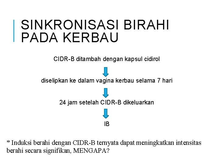 SINKRONISASI BIRAHI PADA KERBAU CIDR-B ditambah dengan kapsul cidirol diselipkan ke dalam vagina kerbau