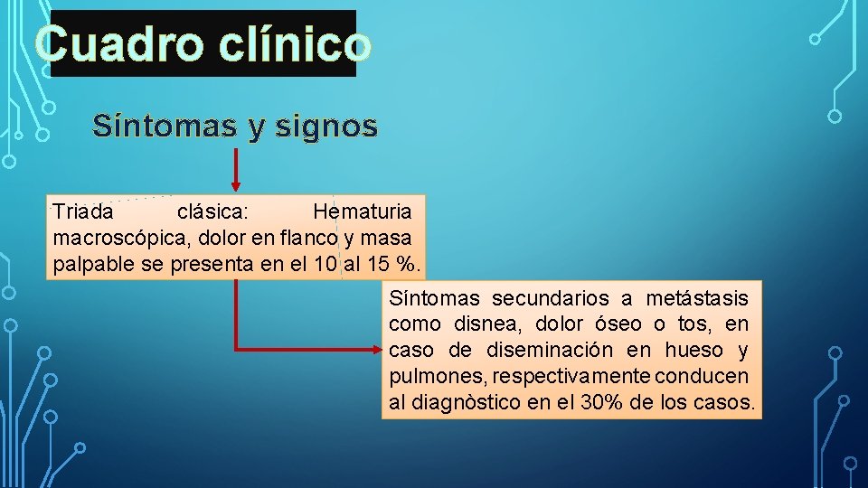 Cuadro clínico Síntomas y signos Triada clásica: Hematuria macroscópica, dolor en flanco y masa