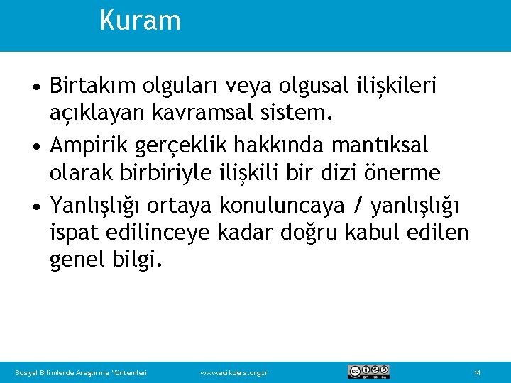 Kuram • Birtakım olguları veya olgusal ilişkileri açıklayan kavramsal sistem. • Ampirik gerçeklik hakkında