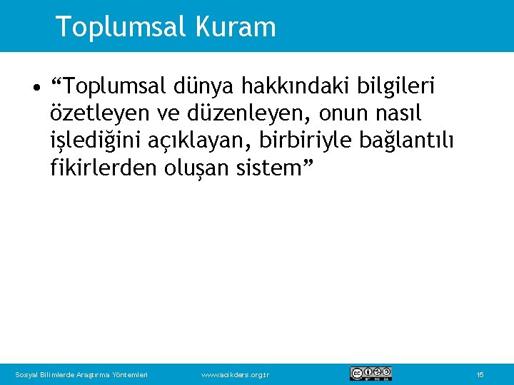 Toplumsal Kuram • “Toplumsal dünya hakkındaki bilgileri özetleyen ve düzenleyen, onun nasıl işlediğini açıklayan,