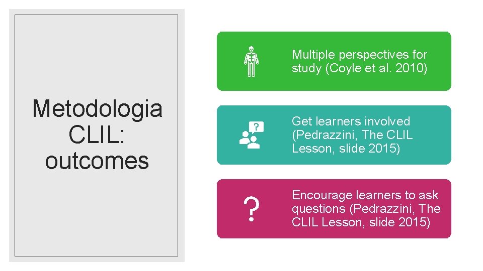 Multiple perspectives for study (Coyle et al. 2010) Metodologia CLIL: outcomes Get learners involved