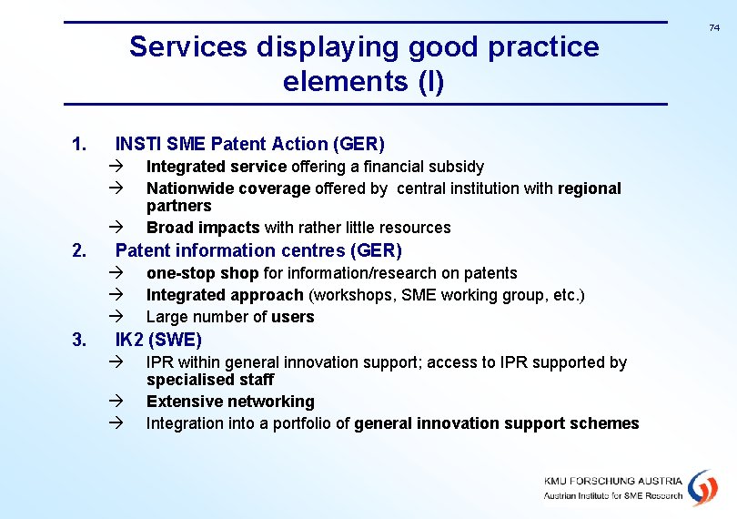 Services displaying good practice elements (I) 1. INSTI SME Patent Action (GER) 2. Patent