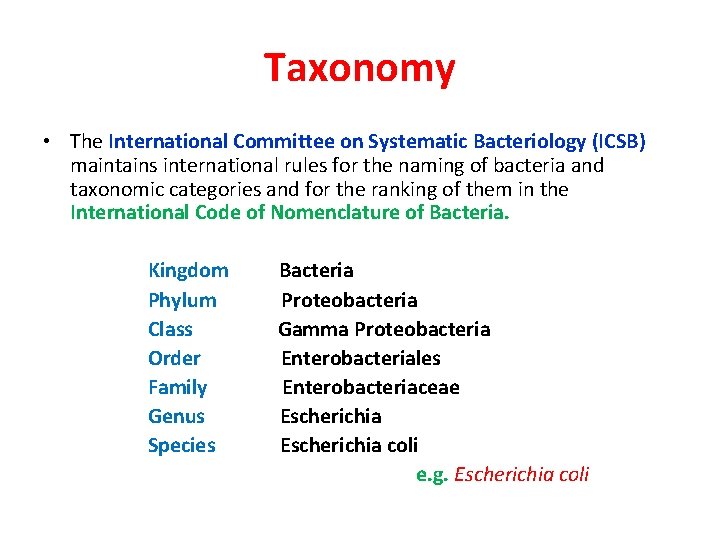 Taxonomy • The International Committee on Systematic Bacteriology (ICSB) maintains international rules for the