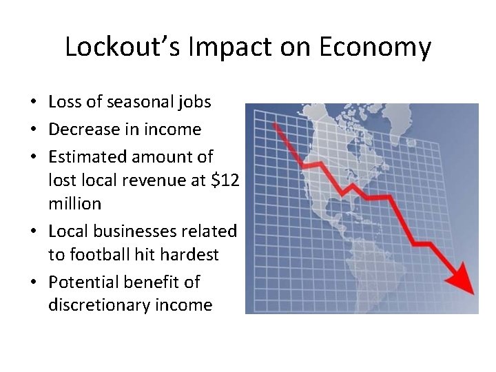 Lockout’s Impact on Economy • Loss of seasonal jobs • Decrease in income •