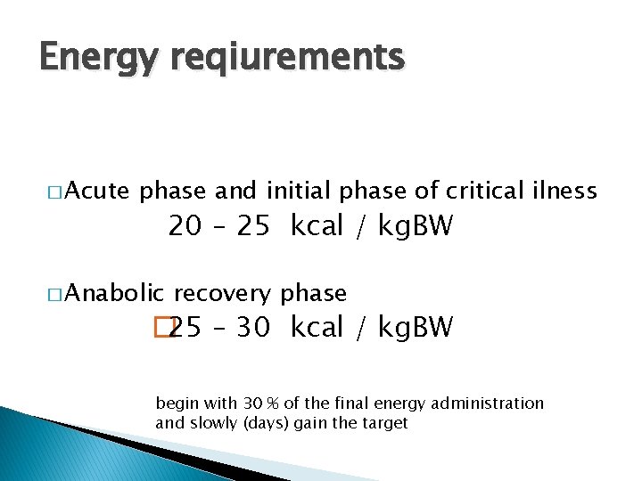 Energy reqiurements � Acute phase and initial phase of critical ilness 20 – 25