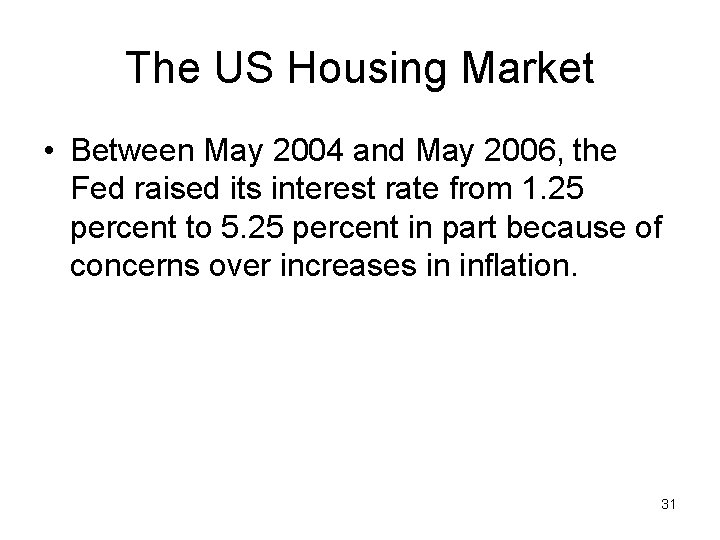 The US Housing Market • Between May 2004 and May 2006, the Fed raised