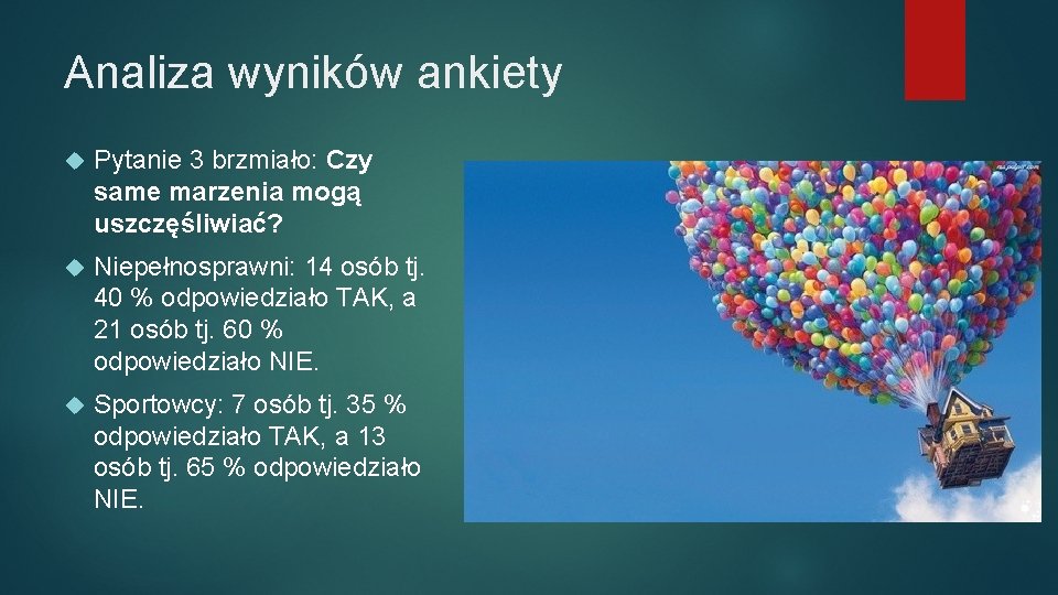 Analiza wyników ankiety Pytanie 3 brzmiało: Czy same marzenia mogą uszczęśliwiać? Niepełnosprawni: 14 osób