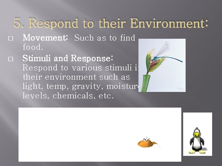 5. Respond to their Environment: � � Movement: Such as to find food. Stimuli