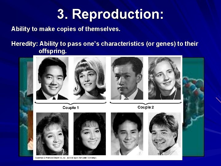 3. Reproduction: Ability to make copies of themselves. Heredity: Ability to pass one’s characteristics