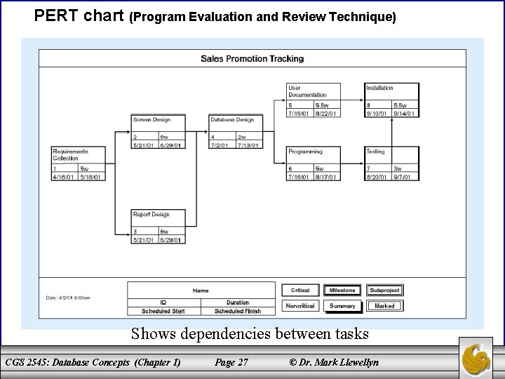PERT chart (Program Evaluation and Review Technique) Shows dependencies between tasks CGS 2545: Database