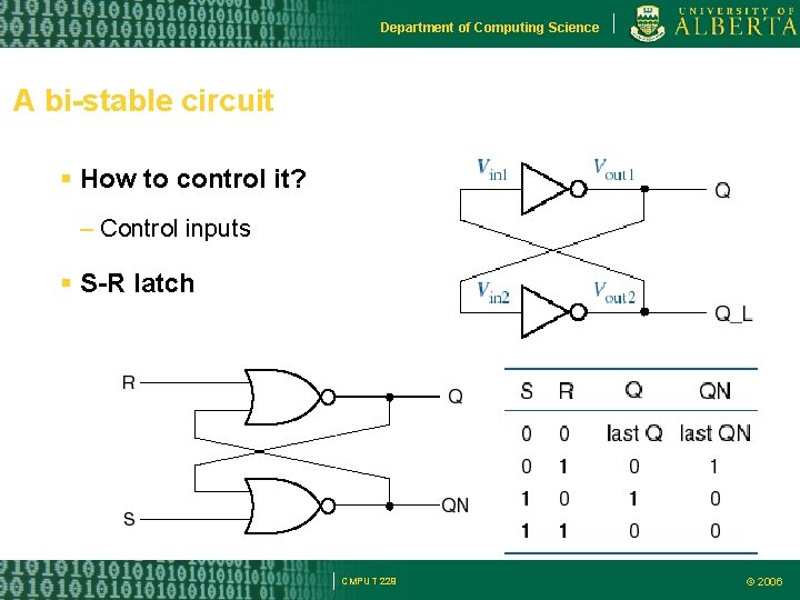 Department of Computing Science A bi-stable circuit How to control it? – Control inputs