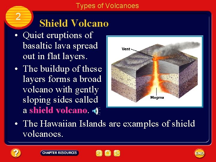 Types of Volcanoes 2 Shield Volcano • Quiet eruptions of basaltic lava spread out