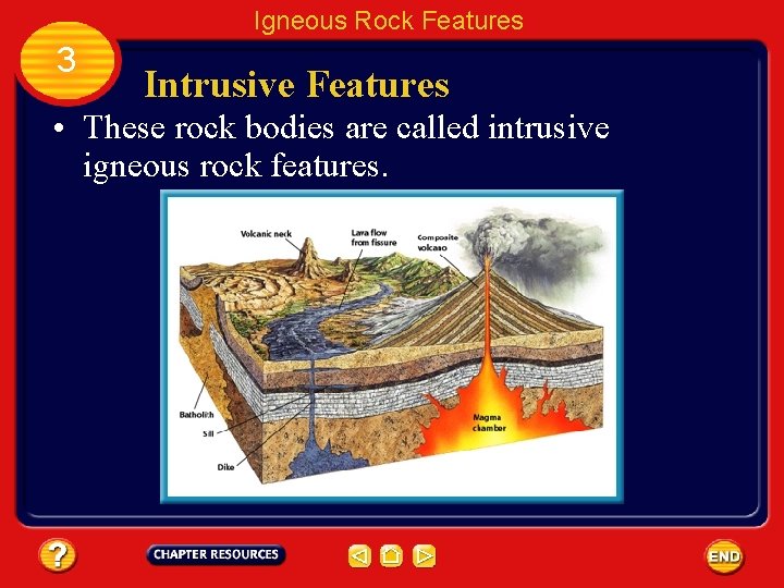 Igneous Rock Features 3 Intrusive Features • These rock bodies are called intrusive igneous